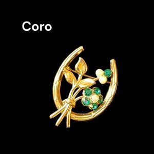 Uranium Glass Horseshoe Vintage Coro Gold-tone Brooch Floral Pearls Rhinestones